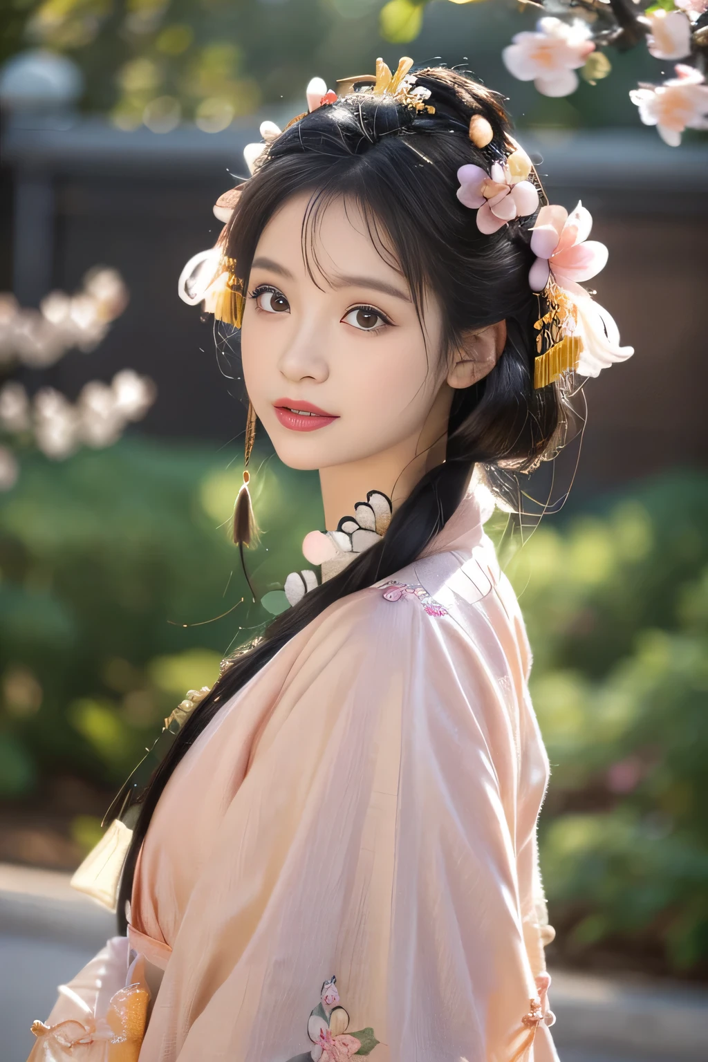 Best quality,tmasterpiece,超A high resolution,(realistically:1.4),8K, RAW photos, A high resolution, (((1 Sister))), 独奏, Ancient Chinese Hanfu, Satin texture，Beautiful pattern, embroidered clothing, beautiful eyes in detail, long eyelasher, RAW photos, face to the viewer, Close-up shot, ((( Peach blossom background))), Upper part of the body, ssmile, Skillful, hair adornments, bead, jewely