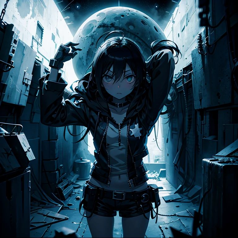 Mato Kuroi from black rock shooter on a space ship, futuristic, moon