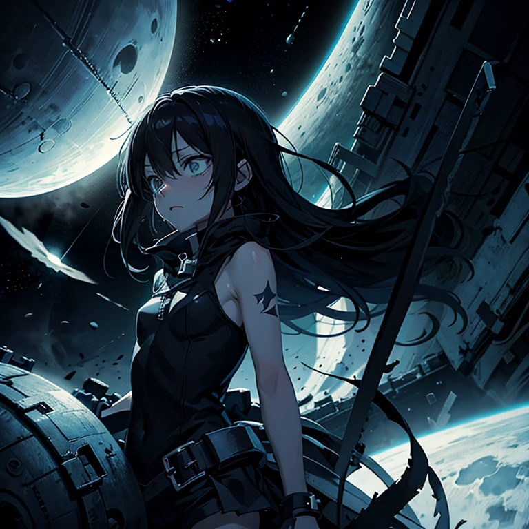 Mato Kuroi from black rock shooter on a space ship, futuristic, moon