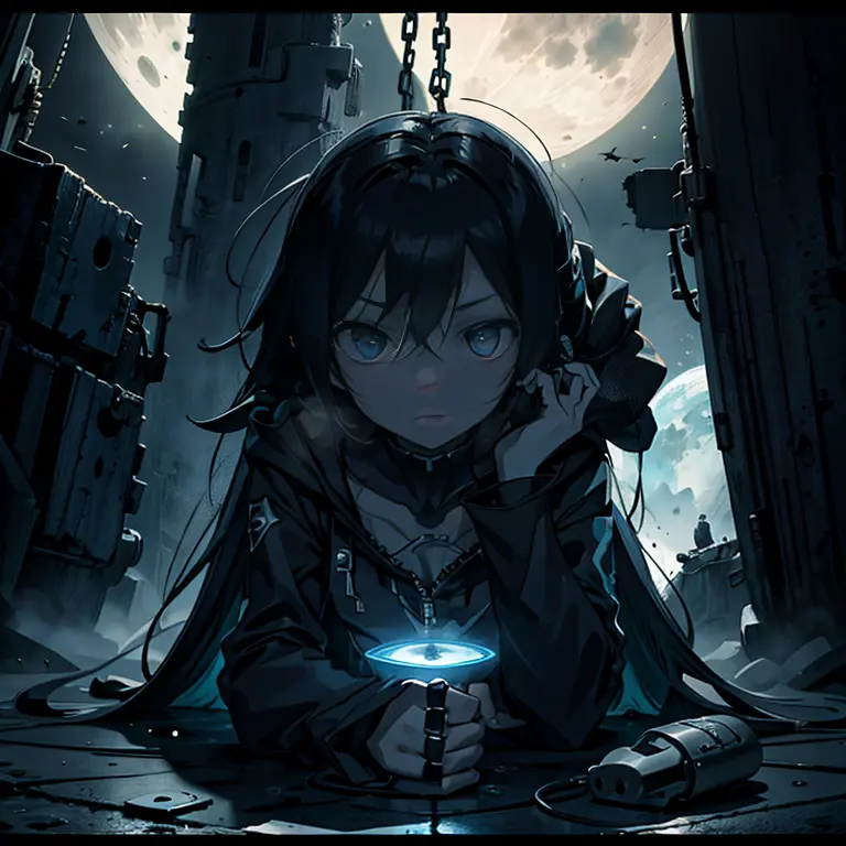 mato kuroi from black rock shooter on a space ship, futuristic, moon