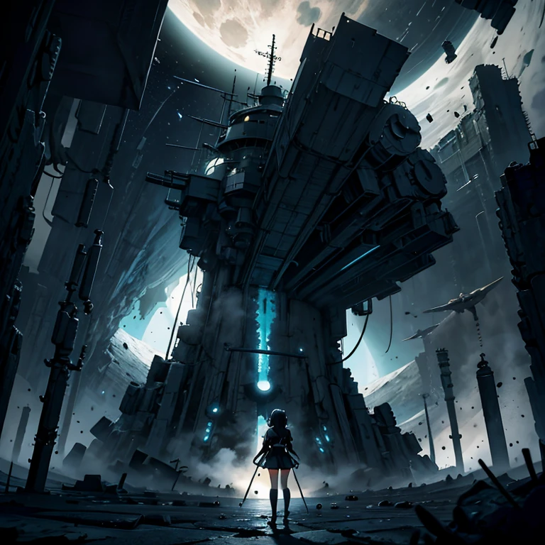 Mato Kuroi from black rock shooter on a space ship, futuristic, moon