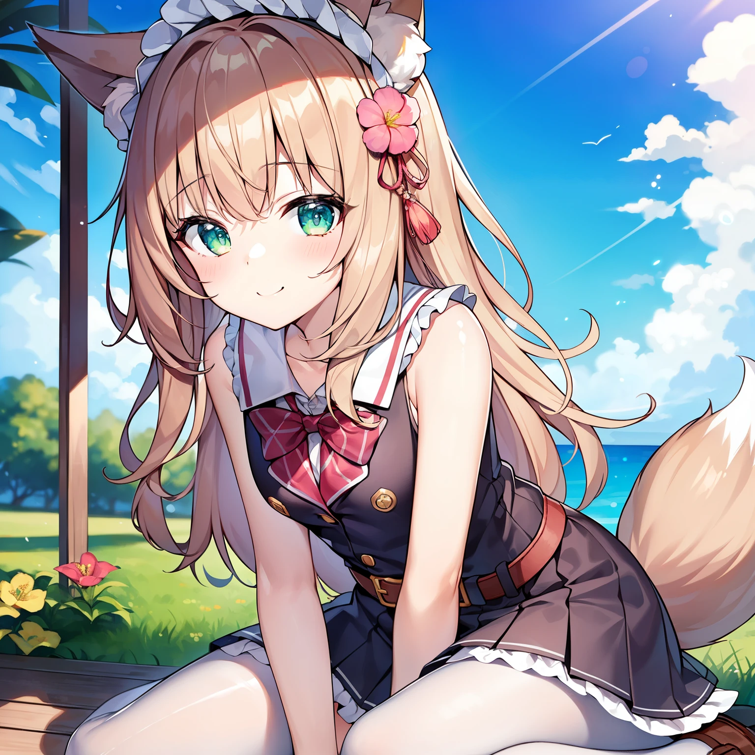 (tmasterpiece, Best quality, A high resolution), 1 girl, Alone, immensity, Soft fox tail，A pair of fox ears，Green-eyed，(Brown hair long)，Small flower headdress, (9 years old_Cute loli)，摩洛解放阵线，After school，Sit on a park chair，(手拿着冰棒用色氣Raised sexy的方式不停舔)，in school uniform，Wearing white pantyhose，upperbody closeup，weak afternoon light，Blush slightly，ssmile，There is water vapor around the mouth，Raised sexy，Sexual suggestiveness，