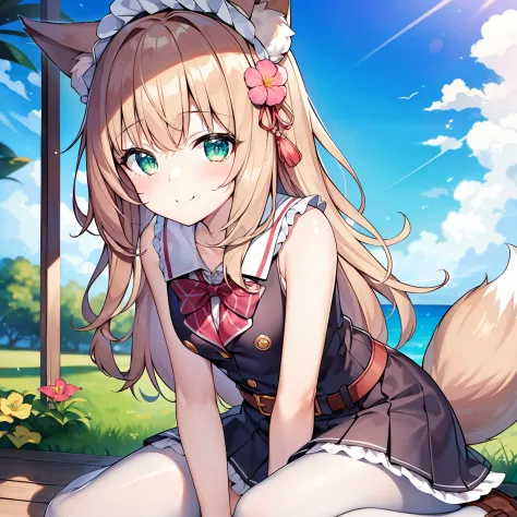 (tmasterpiece, Best quality, A high resolution), 1 girl, Alone, immensity, Soft fox tail，A pair of fox ears，Green-eyed，(Brown ha...