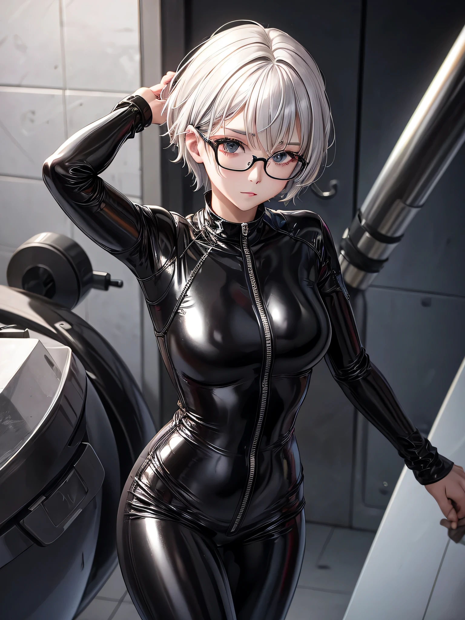 8K UHD in Top-Qualität、Schöne silberhaarige Frau mit kurzen Haaren trägt eine Brille und einen schwarzen Metallic-Latex-Trainingsanzug、schwarzer Metallic-Latex-Trainingsanzug mit versteckter Haut