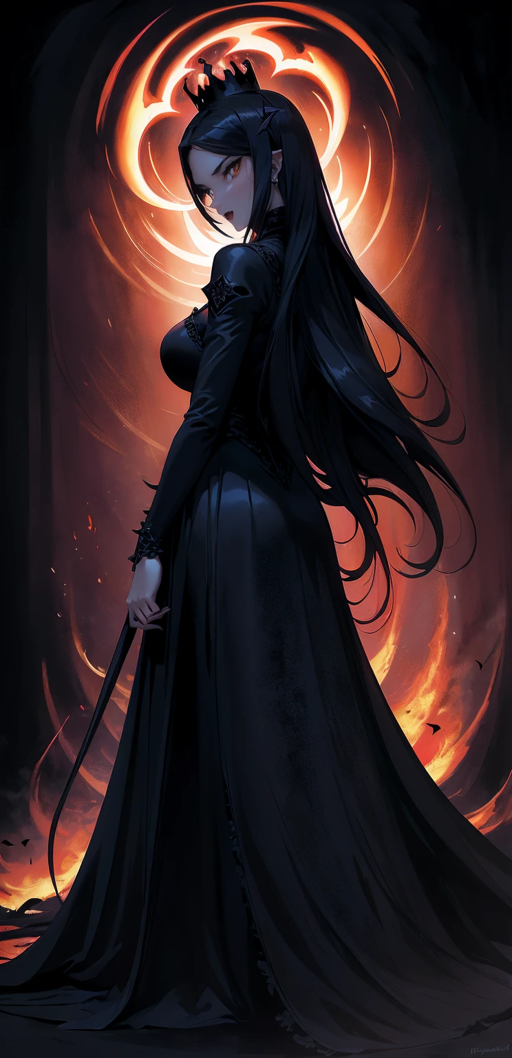 absurdres, ((stunning female Vampire))), goth Renaissance, (long black hair:1.erfect and detailed angular sharp oval shaped face, ((redeyes)), jewelry, red and black tetradic colors, full lips, gothic castle background, (solo), perfect anatomy, approaching perfection, ethereal, intricate details, ultra-high definition, 12k resolution, goth aesthetic, smooth, sharp focus, dreamy, glowing, backlit, glamour, glimmer, fantastical, shadows, smooth, Gothic crown, walking through flames of fire, (whole body) full body , backwards, looking back, gothic illustration