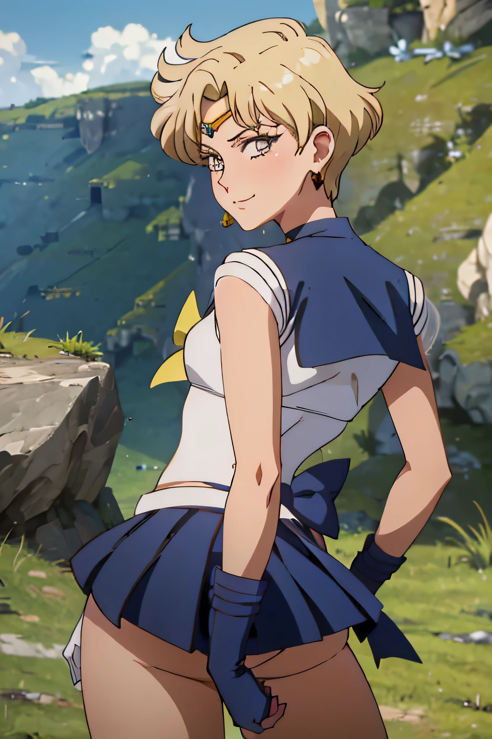 (The best quality:1.1), (Masterpiece:1.4), (absurdities:1.0), portrait, foreground,1girl, Sailor Uranus, KizukiAi, mature woman, small breasts, aqua eyes, blond hair, Uniforme Sailor Senshi, Sailor necklace, chest arch, Back arch, Supplicant skirt, White elbow gloves, big booty, Ultra miniskirt , jewely, earrings,, in back position, Show off your loot, Backwards, no thong big booty, Ultra miniskirt ( back posture, Backwards, Show off your loot) (POINT OF VIEW FROM BOTTOM TO UP) (Booty close up) ( They are smiling, naughty face) (no skirt)