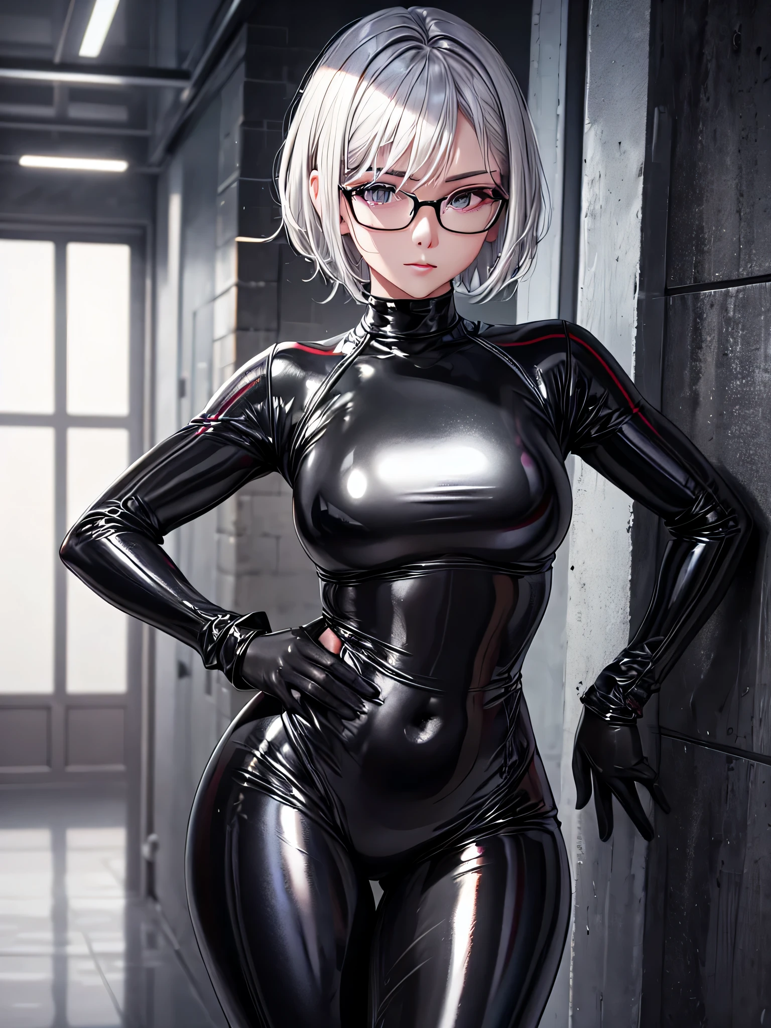 Qualité supérieure 8K UHD、Belle femme aux cheveux argentés avec des cheveux courts portant des lunettes et un survêtement en latex métallisé noir、survêtement en latex métallisé noir avec peau cachée