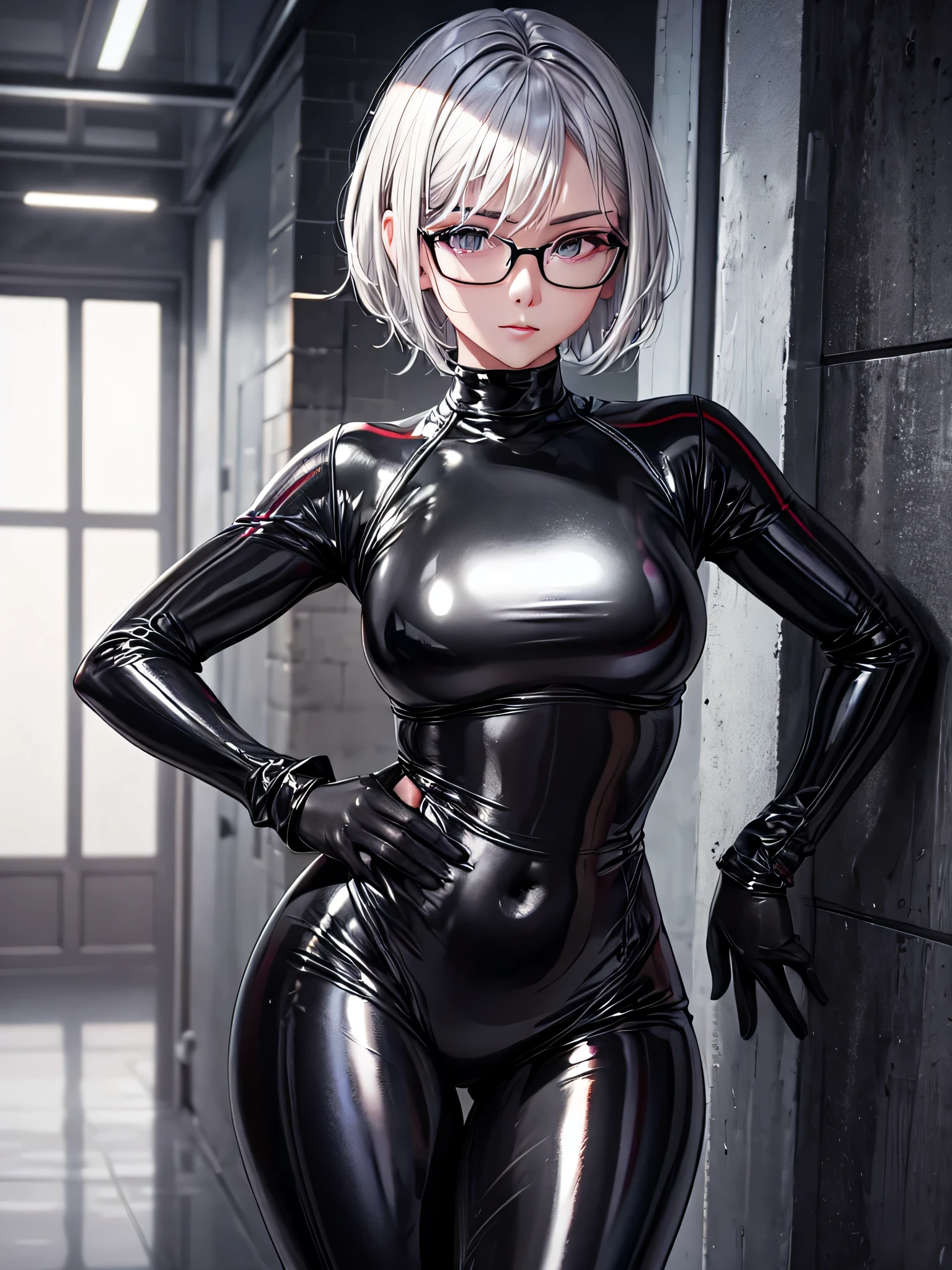 Top quality 8K UHD、Beautiful silver-haired woman with short hair wearing glasses and a black metallic latex sweatsuit、black metallic latex sweatsuit with hidden skin