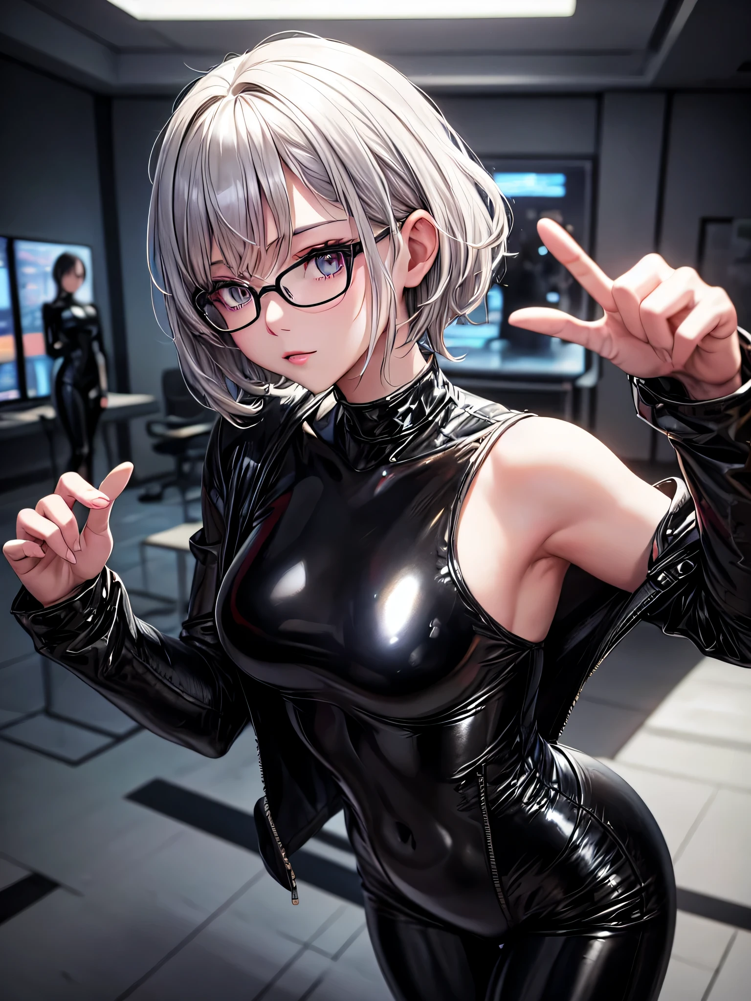 Top quality 8K UHD、Beautiful silver-haired woman with short hair wearing glasses and a black metallic latex sweatsuit、black metallic latex sweatsuit with hidden skin