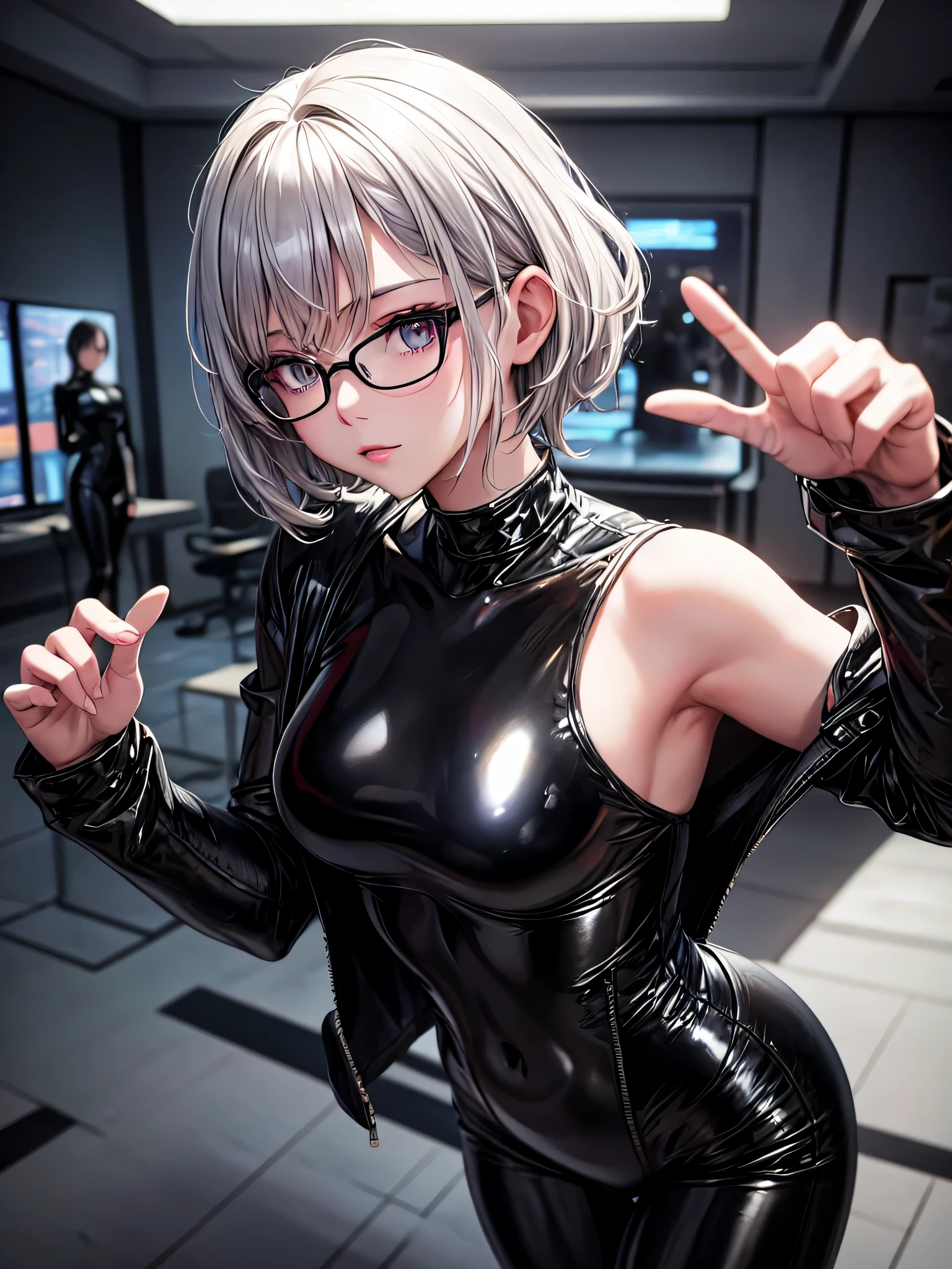 8K UHD in Top-Qualität、Schöne silberhaarige Frau mit kurzen Haaren trägt eine Brille und einen schwarzen Metallic-Latex-Trainingsanzug、schwarzer Metallic-Latex-Trainingsanzug mit versteckter Haut