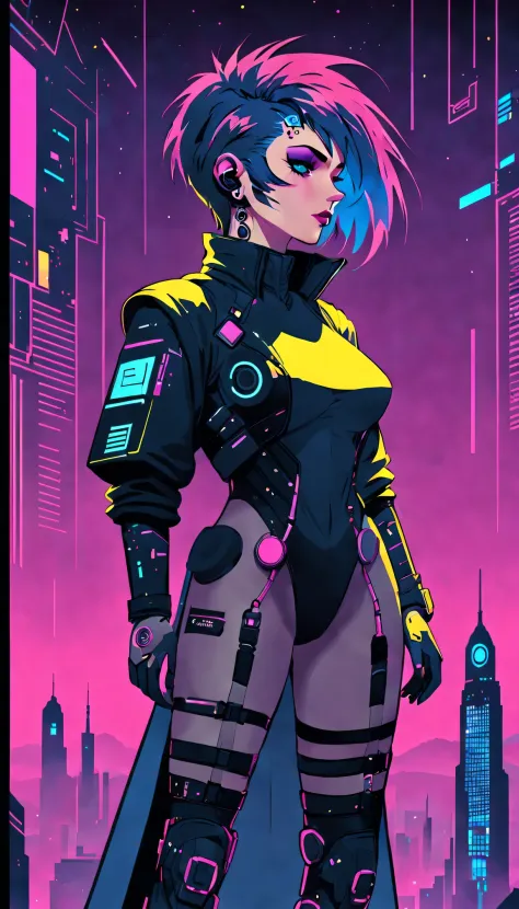《bladerunner》filmposter：1 Lady, Starry sky and zodiac signs, Purple hues like nebulae, Vast space, cyber punk personage底部的城市, ( Background with:black and yellow Background with1.4), (RHAD:1.2), (artistic décor:1.4), (Retro-Future:1.4), (maximalist:1.4), (C...