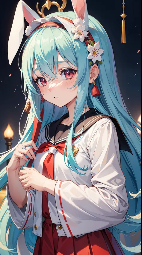 （High quality ultra-detailed CG art、Cultural festivals、Rabbit ear hairband：1.2）School Cultural festivallue hair、largeeyes、Cold、Cool beauty、1６Idade、Red blush、There is a problem with the eyes、double tails、、are small、Summer school uniform、