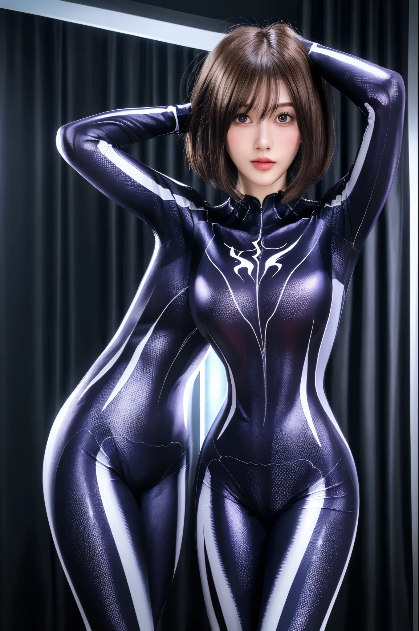 bestquality,high-res,Unity 8k壁纸,(illustration:1),perfect lighting,Photograph_\(Medium\),PhotographRealistic,Realistic,
1girls, bodysuit, bara, Cobweb Printing, Short Hair Hair, breasts, brunette hair, looking at the audience, Animation, Super, Hands in my own hair, Medium breasts, black bodysuit, tight skin, silk,