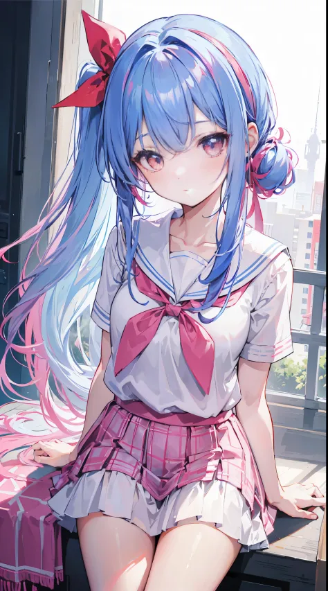 light blue long hair，deep red pink eyes，The hair is tied up with two pink hairbands，Short double ponytail，Qi bangs，There are two long hair curtains on both sides，Wearing a white sailor school uniform，short  skirt，Bangs pulled up with a hairpin，The sleeves ...