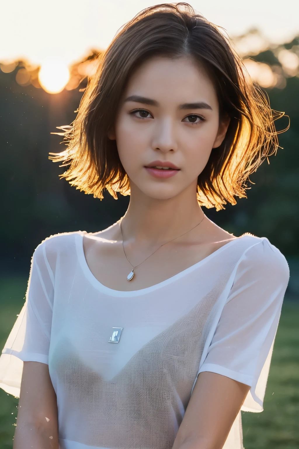 A woman with a white shirt and a necklace on her neck - SeaArt AI