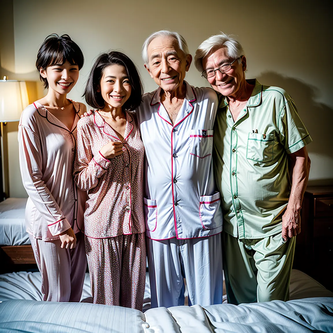 friend, Group shot of 85-year-old male and short hair 13-year-old flat chest girl, smile shyly, pyjamas, having Group, Real ligh...