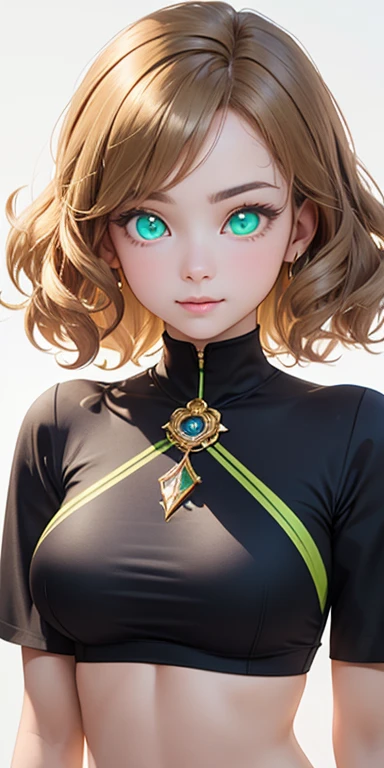 baby face, very short gold hair,curly hair,wavy hair, (photorealistic:1.4), (masterpiece, sidelights, exquisite beautiful eyes: 1.5), masterpiece*portrait, realistic, 3D face,,kawaii face,front view: 1.5、 (glowing green eyes:1.2),plump face:1.5,(tareme:1.5)、(dark persona:1.2),Rosy Mouth,Slim Body,abs, shiny hair, shiny skin: 1.5、large breasts:1.3,solo,(sit)、(cutout between underboob and crop top)、(charactor focus:1.5、portrait)、upper body,