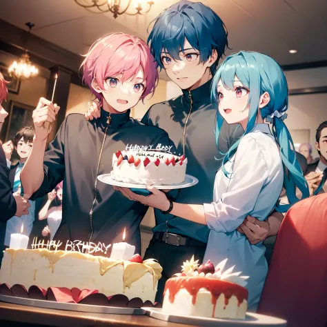 "Men and women in their 15s, (Celebrating a boy's birthday)), ((boy with blue hair, blue eyes)), ((girl with pink hair, pink eye...