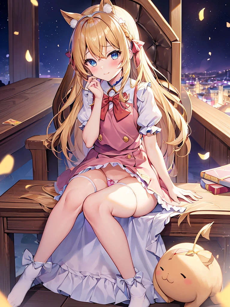 ((no panty))),(((オマンコ))),1girl in, 独奏, length hair, blue eyess, blonde  hair, diadems, sitting on, panthyhose, doress, the bow, The card, pinafore, shairband, PlayingCards, looking at the viewers, shortsleeves, 髪のthe bow, 青いshairband, A smile, red blush, hand on own face, 青いdoress, Alice(不思議の国のAlice), hair between eye, a chair, 黒いpanthyhose, 青いthe bow, a throne, Puffy sleeves, Put your hand on your cheek, bangss, ふくらんでいるshortsleeves, bow ribbon、非常にlength hair、mini crown、foot out of frame、frilld、白いpinafore、:q、​masterpiece、top-quality、((Lifted skirt、White panty、camel's toe)))、NSFW、SEX。I'm spreading my、