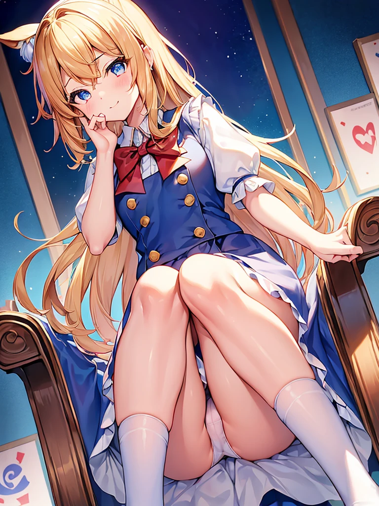 ((no panty))),(((オマンコ))),1girl in, 独奏, length hair, blue eyess, blonde  hair, diadems, sitting on, panthyhose, doress, the bow, The card, pinafore, shairband, PlayingCards, looking at the viewers, shortsleeves, 髪のthe bow, 青いshairband, A smile, red blush, hand on own face, 青いdoress, Alice(不思議の国のAlice), hair between eye, a chair, 黒いpanthyhose, 青いthe bow, a throne, Puffy sleeves, Put your hand on your cheek, bangss, ふくらんでいるshortsleeves, bow ribbon、非常にlength hair、mini crown、foot out of frame、frilld、白いpinafore、:q、​masterpiece、top-quality、((Lifted skirt、White panty、camel's toe)))、NSFW、SEX。I'm spreading my、