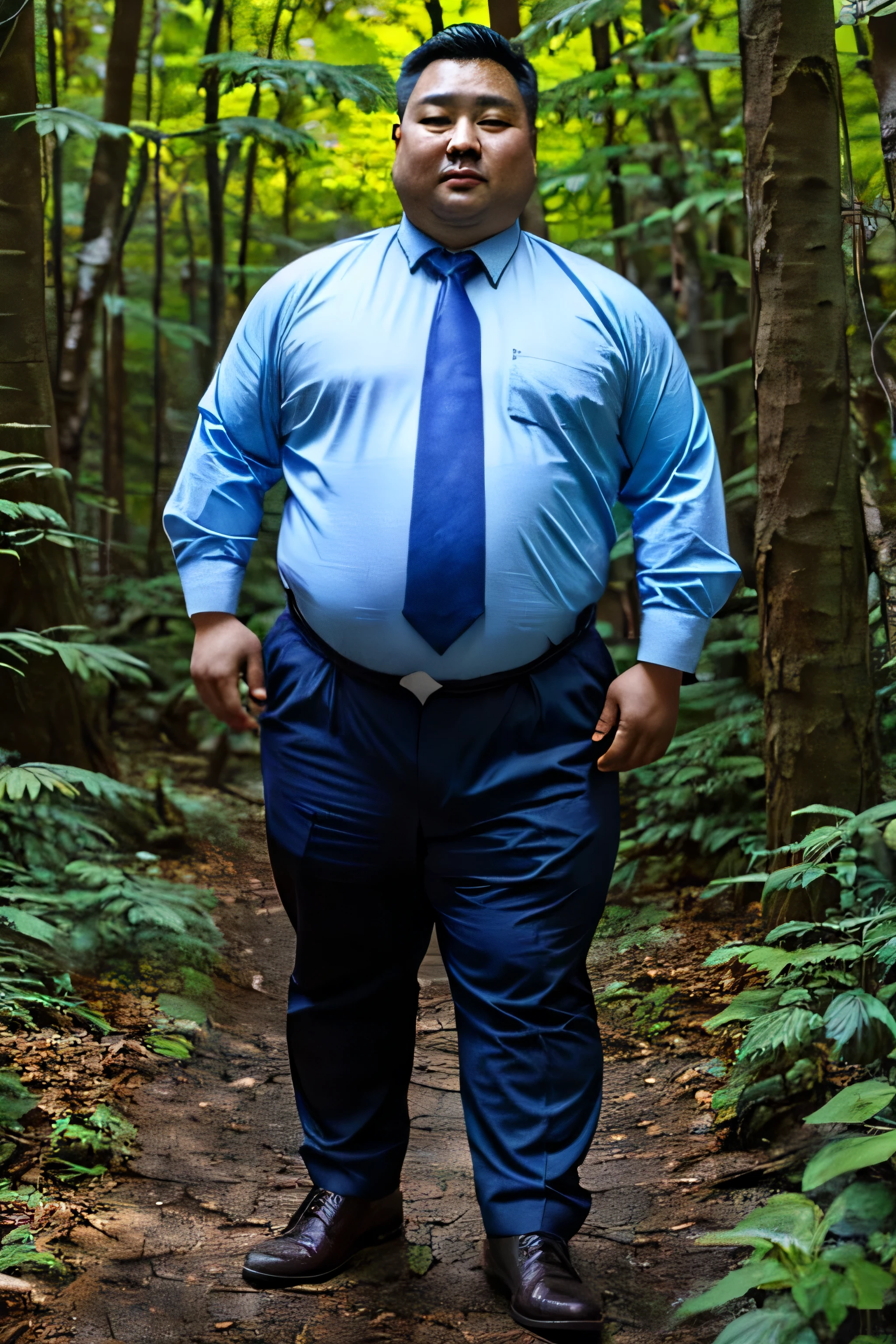 Arafed man in a blue shirt and tie standing in the woods - SeaArt AI