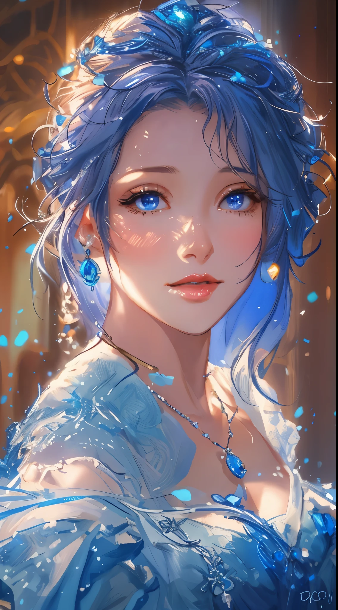 Imagen arafed de una mujer con un vestido azul con collar y aretes., pintura detallada 4k, hermosa obra de arte digital, preciosa pintura digital, impresionante ilustración digital, arte digital realista 4k, arte digital realista 4k, hermosa pintura de personajes, hermoso arte uhd 4k, Arte digital 4k muy detallado, Impresionantes obras de arte en 8K, hermoso retrato de arte de fantasía