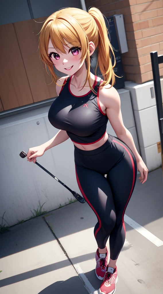 anime, beautiful face, highly detailed face, 2 accurate legs detailed eyes, highly detailed background, perfect lighting, accurate arms, accurate hands, accurate fingers, blonde hair, full body, 1girl, solo, ruby hoshino, oshi no ko, outdoors absurdres, high res, ultrasharp, 8K, masterpiece, looking at viewer, (full body:1.4), teasing smile, gym clothes, tight sports wear, playing sports, cleavage,