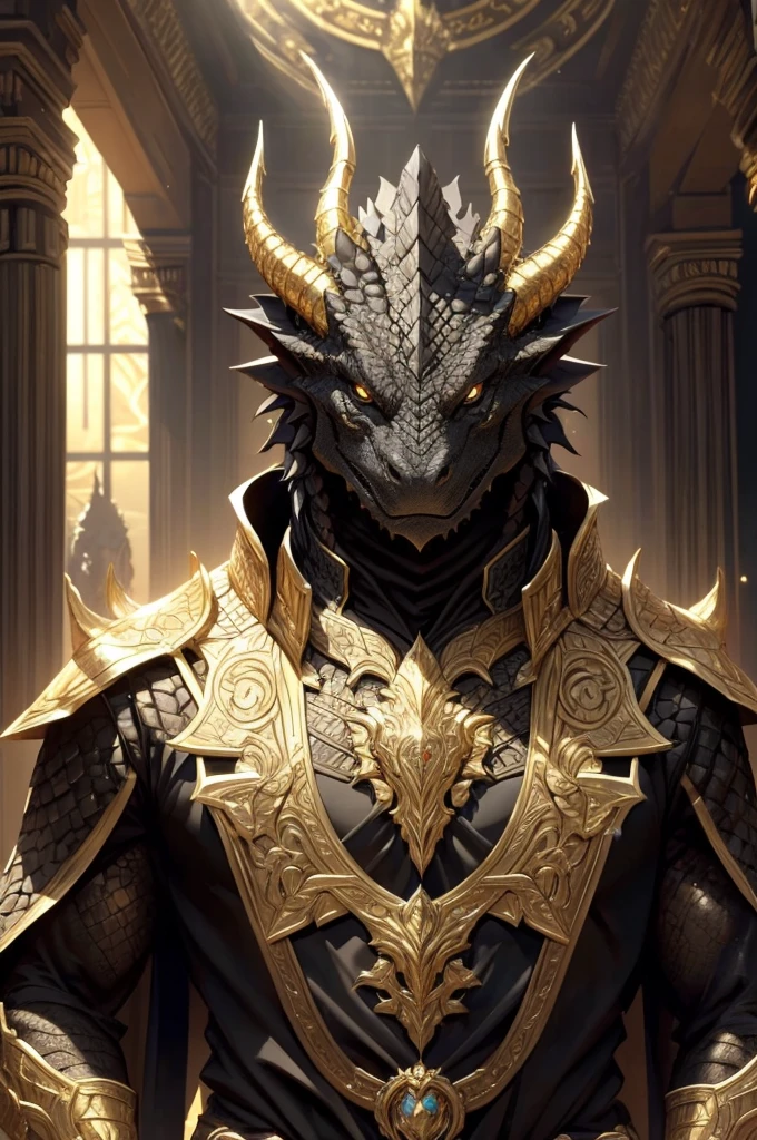 (black dragonborn, male, golden horns, solo portrait, black scales, scales, reptilian face, res eyes) tail, buff, golden armor, golden chest armor, golden gauntlets, golden gauntlets,  black cloak, black robes, inside, books, close-up, standing outside, good lighting, daytime, infront of temple ((masterpiece, best quality)), art by greg rutkowski