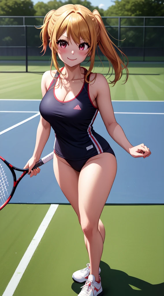 anime, beautiful face, highly detailed face, 2 accurate legs detailed eyes, highly detailed background, perfect lighting, accurate arms, accurate hands, accurate fingers, blonde hair, full body, 1girl, solo, ruby hoshino, oshi no ko, outdoors absurdres, high res, ultrasharp, 8K, masterpiece, looking at viewer, (full body:1.4), teasing smile, gym clothes, tight sports wear, playing tennis, cleavage, on a sports pitch