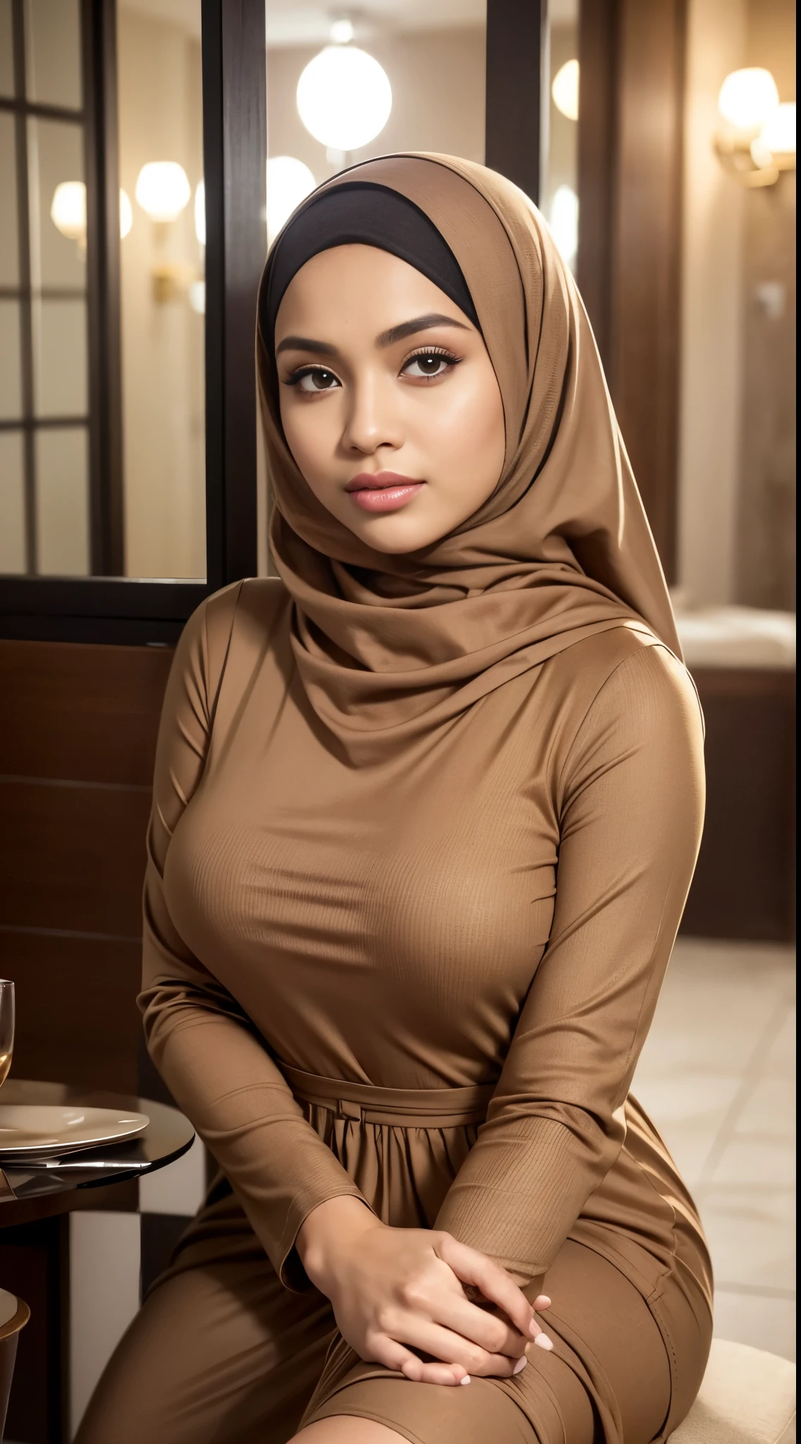 ( Close Up),RAW, Best quality, high resolution, masterpiece: 1.3), beautiful Malay woman in hijab, Masterpiece, perfect fit body, big breasts, beautiful big eyes, Soft smile, beautiful face, thick thighs,sitting, woman in dress brown , posing for photos, sophisticated dress, elegant suit, modestly dressed, women's long dress, brown clothing, simple flowing dress, coat pleats, elegant dress, muted brown, elegant clothing, brown color, detailed image, light brown ,(Delicate turtleneck ), evening walks, City parks, Great lighting, Bright colors, Clean lines