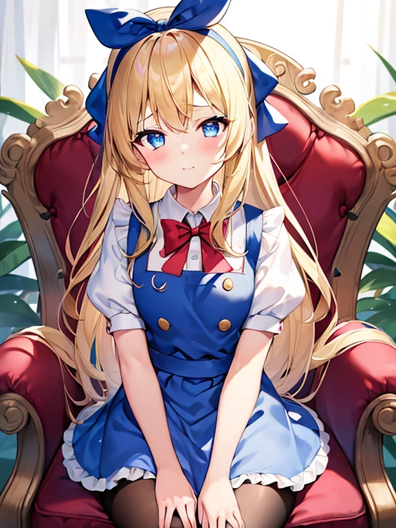 1girl in, (No Panties),(OPEN twat), length hair, blue eyess, blonde hair, diadems, sitting on, I don't wear any underwear、A pose where you can be seen from below、Spreading legs with both hands、full view, doress, the bow, The card, pinafore, shairband, PlayingCards, looking at the viewers, shortsleeves, the bow of the hair, blue hairband, a smile, red blush, hand on own face, blue dress, alice(alice in Wonderland), hair between eye, a chair, Black pantyhose, blue the bow, a throne, puffy sleeves, Put your hand on your cheek, bangss, apron dress, shortsleeves, bow ribbon、very long hair、mini crown、foot out of frame、frilld、white pinafore、:q、​masterpiece、top-quality、((lifted skirt、Pussy、camel's toe)))、SEX、NFSW、