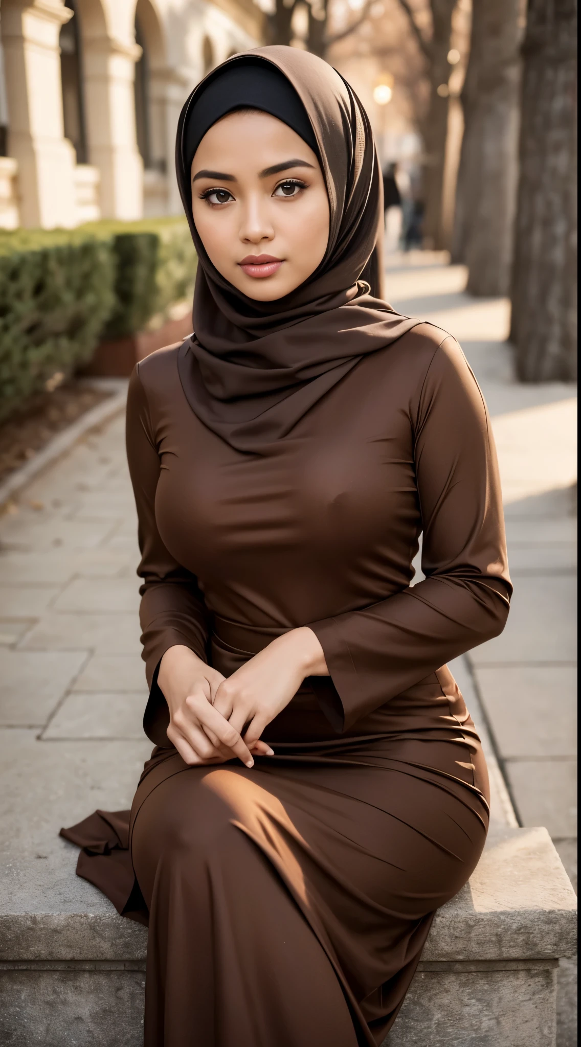 ( Close Up),RAW, Best quality, high resolution, masterpiece: 1.3), beautiful Malay woman in hijab, Masterpiece, perfect fit body, big breasts, beautiful big eyes, Soft smile, beautiful face, thick thighs,sitting, woman in dress brown , posing for photos, sophisticated dress, elegant suit, modestly dressed, women's long dress, brown clothing, simple flowing dress, coat pleats, elegant dress, muted brown, elegant clothing, brown color, detailed image, light brown ,(Delicate turtleneck ), evening walks, City parks, Great lighting, Bright colors, Clean lines