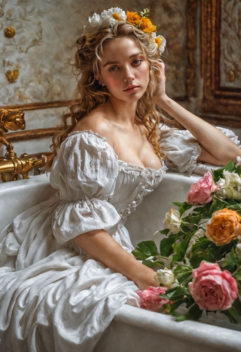 blond woman in a white dress sitting in a bathtub with flowers, a photorealistic painting inspired by Pierre Auguste Cot, trending on Artstation, rococo, in the art style of bowater, soft portrait shot 8 k, serge marshennikov, alexey egorov, rococo style portrait, oil painting of realistic woman, beautiful portrait image, renaissance digital painting