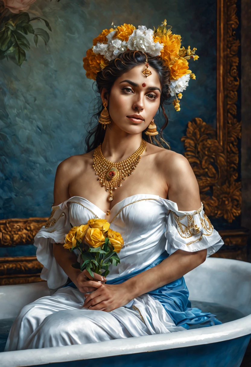 blond woman in a white dress sitting in a bathtub with flowers, a photorealistic painting inspired by Pierre Auguste Cot, trending on Artstation, rococo, in the art style of bowater, soft portrait shot 8 k, serge marshennikov, alexey egorov, rococo style portrait, oil painting of realistic woman, beautiful portrait image, renaissance digital painting, a painting of a woman in a blue and gold outfit holding a flower, digital art by Max Dauthendey, trending on cg society, fantasy art, indian goddess of wealth, extremely detailed goddess shot, goddess. extremely high detail, indian goddess, hindu aesthetic, beautiful goddess, a stunning portrait of a goddess, divine goddess, 3 d goddess portrait, goddess art