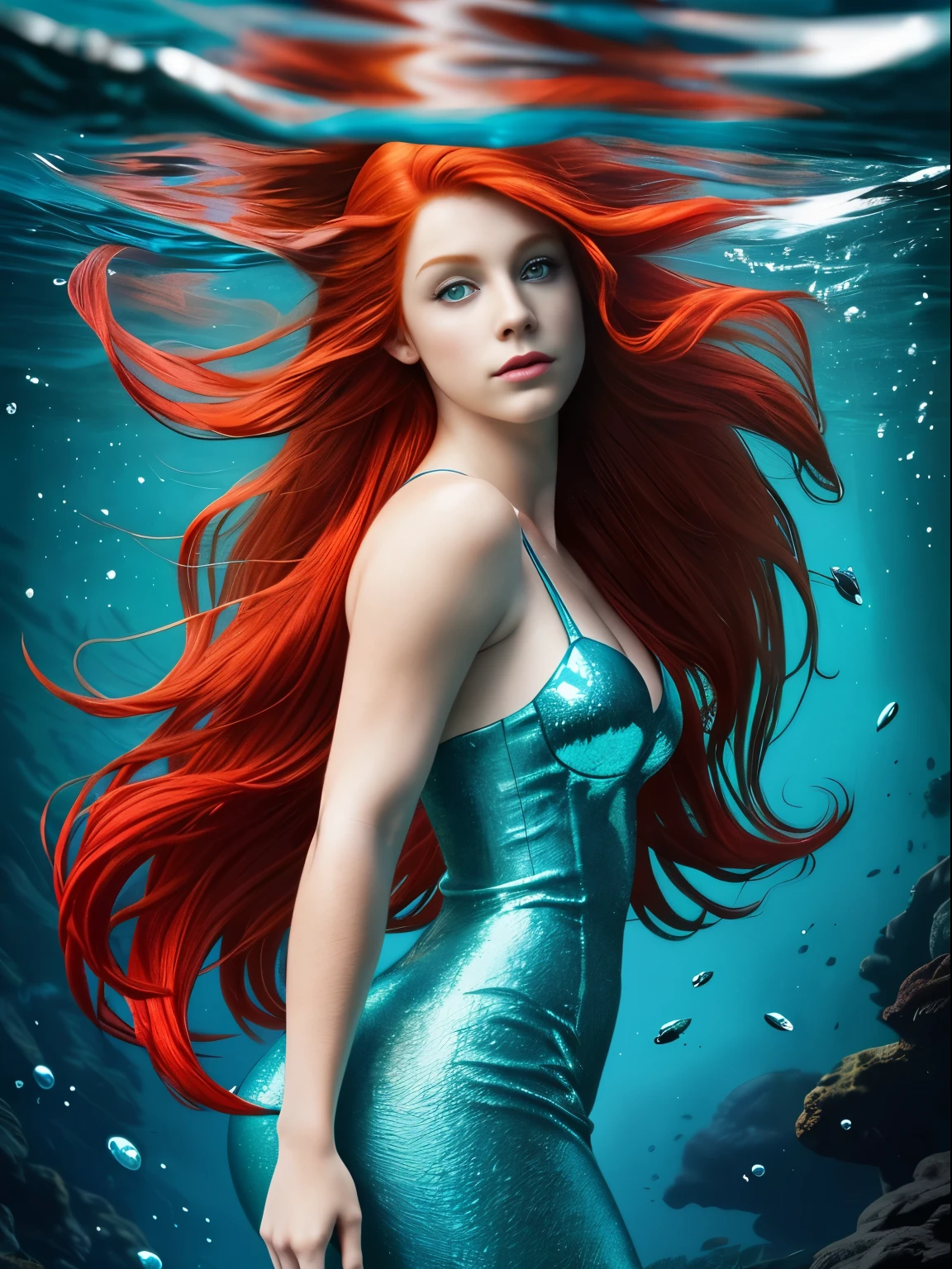 crear sirena pelirroja de pelo largo Ariel, en un hermoso fondo marino bajo el agua, ultra detalles, ultra realista, 
uhd