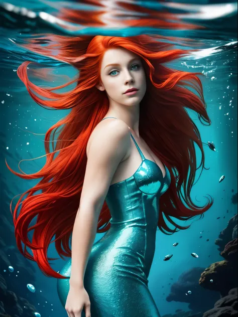create redhead long hair mermaid Ariel, in beautiful under water ocean background, ultra details, ultra realistic, 
UHD