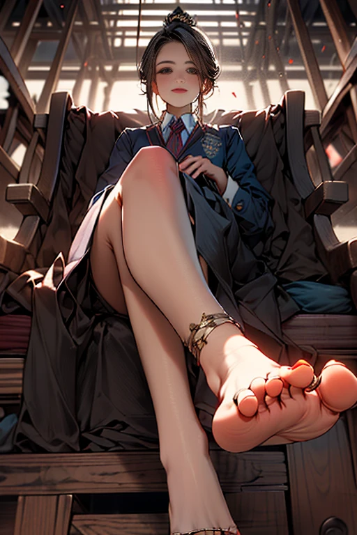 masterpiece,The best quality, 1girl, School uniform, sitting on the chair, Cross leg, classroom,show feet, sole of the foot, open legs, feet with or toes