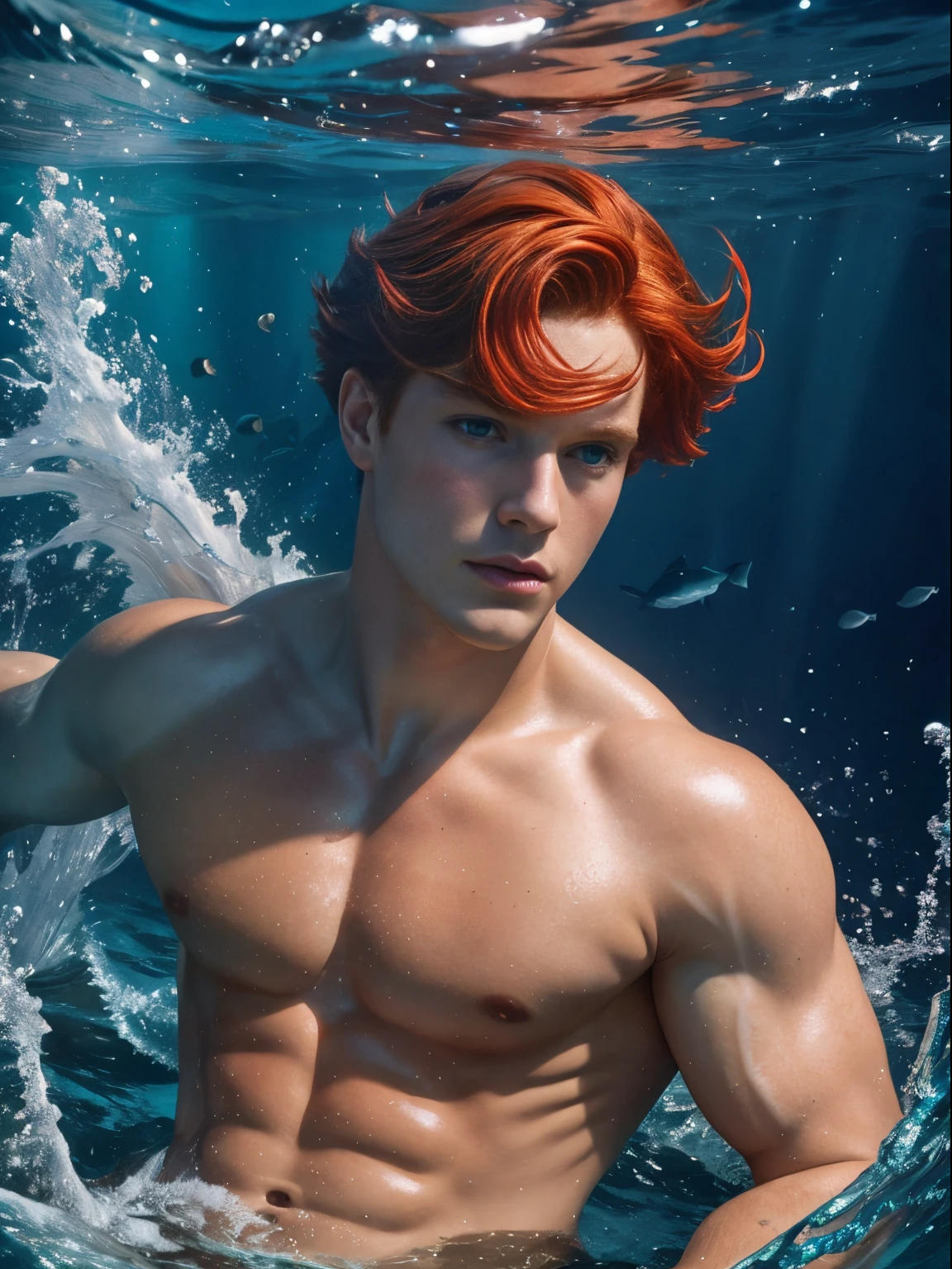 create redhead mermen, in beautiful under water ocean background, ultra details, ultra realistic, 
UHD