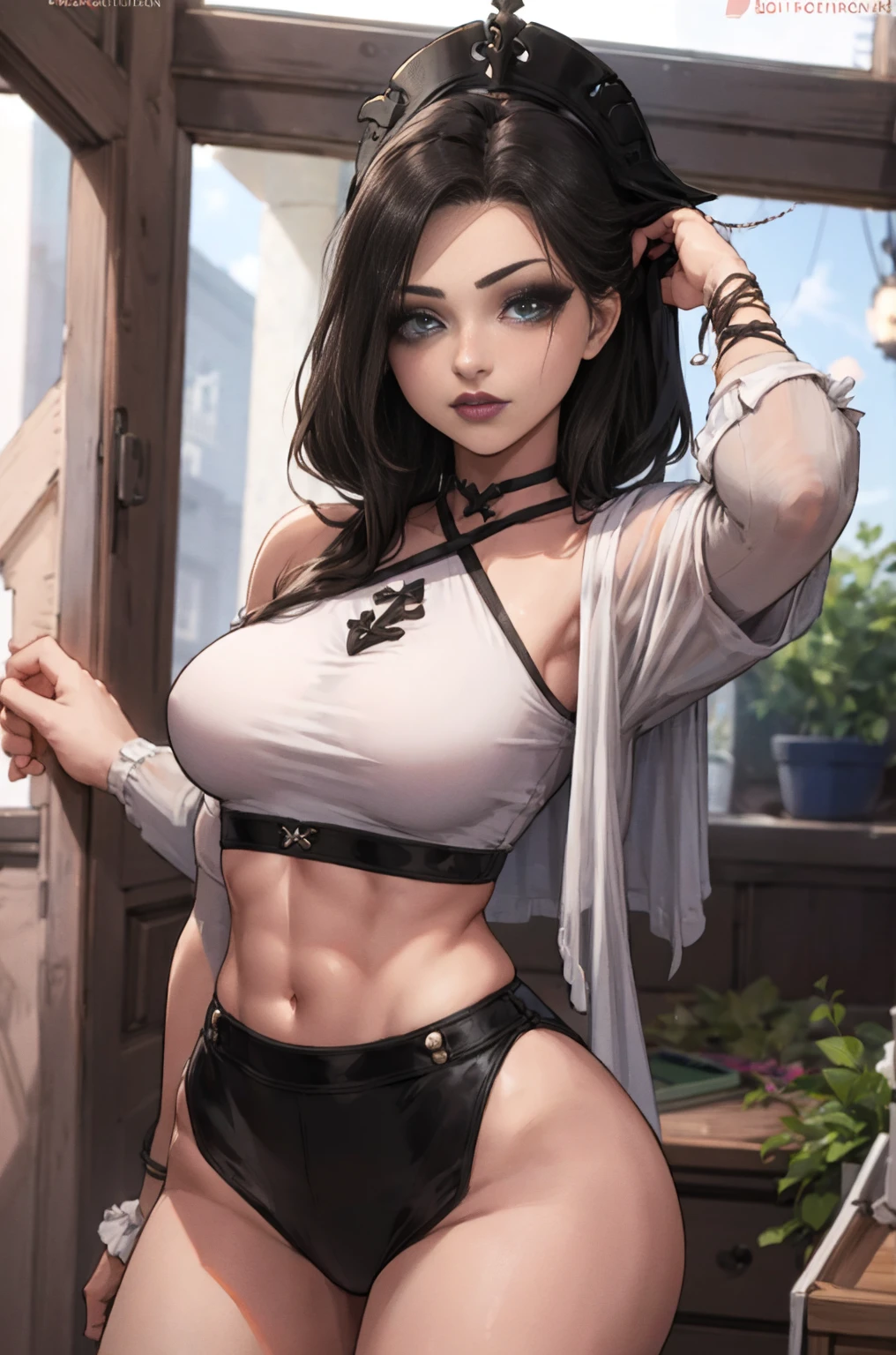 best qualityer, gothic girl, female, , make-up, bunny ears, ashen hair, hair green, yellow  eyes, crop top, Little bunny