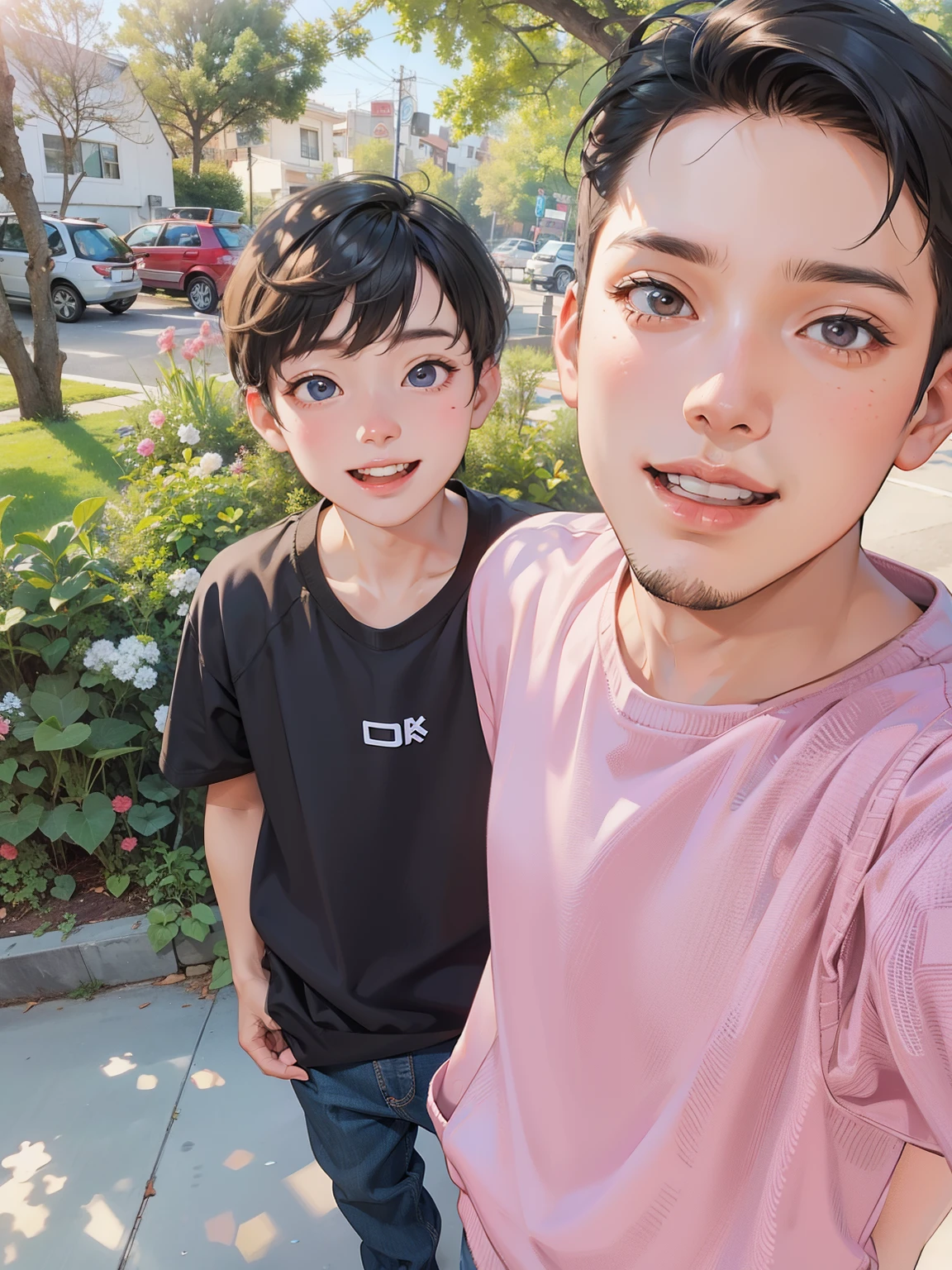 Arafed boy and a girl taking a selfie on a sidewalk - SeaArt AI