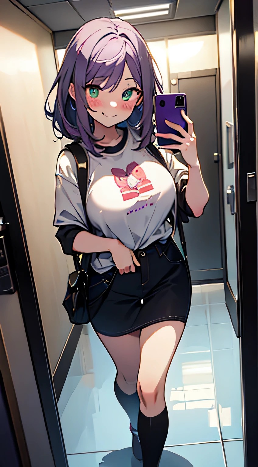 Anime girl in a short skirt taking a selfie in a hallway - SeaArt AI