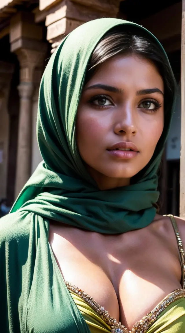 Moroccan girl, Brunnete, (Traditional respectful covered dress), (very loose head scarf showing curly hair), (Morrocan souk envi...