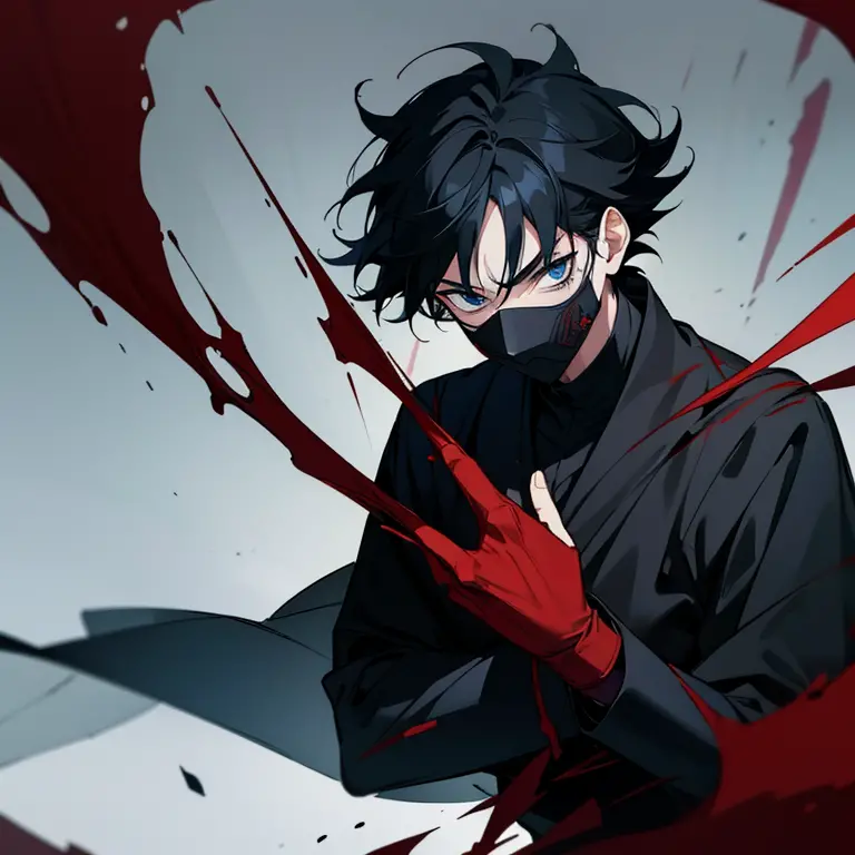 1 boy, black hair, dark blue eyes, black cloth, villain, blood everywhere, blood on the cloth, wearing black face mask