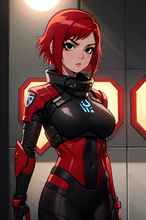 scott_pilgrim_style, yl1,1girl, 1girl, solo, Jane Shepard, FemShep, short hair, red hair, black eyes, black power armor, N7, outer space, ringed planet, (masterpiece:1.3), high quality, highres, absurdres,