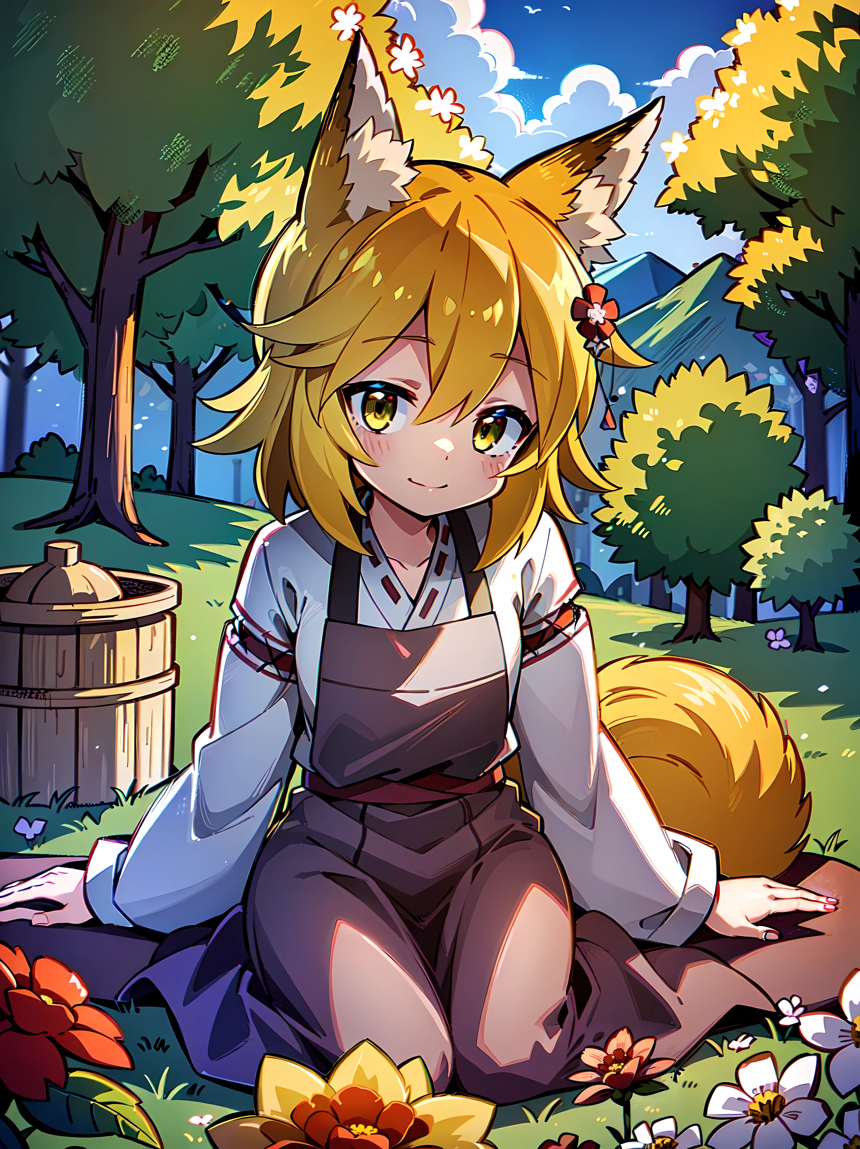 (Best Quality,4k,hight resolution,Masterpiece:1.2),detailed fox ears, multicolored flowers, field with beautiful trees, max detail, village, at home, Beautiful cloud, shy smile.