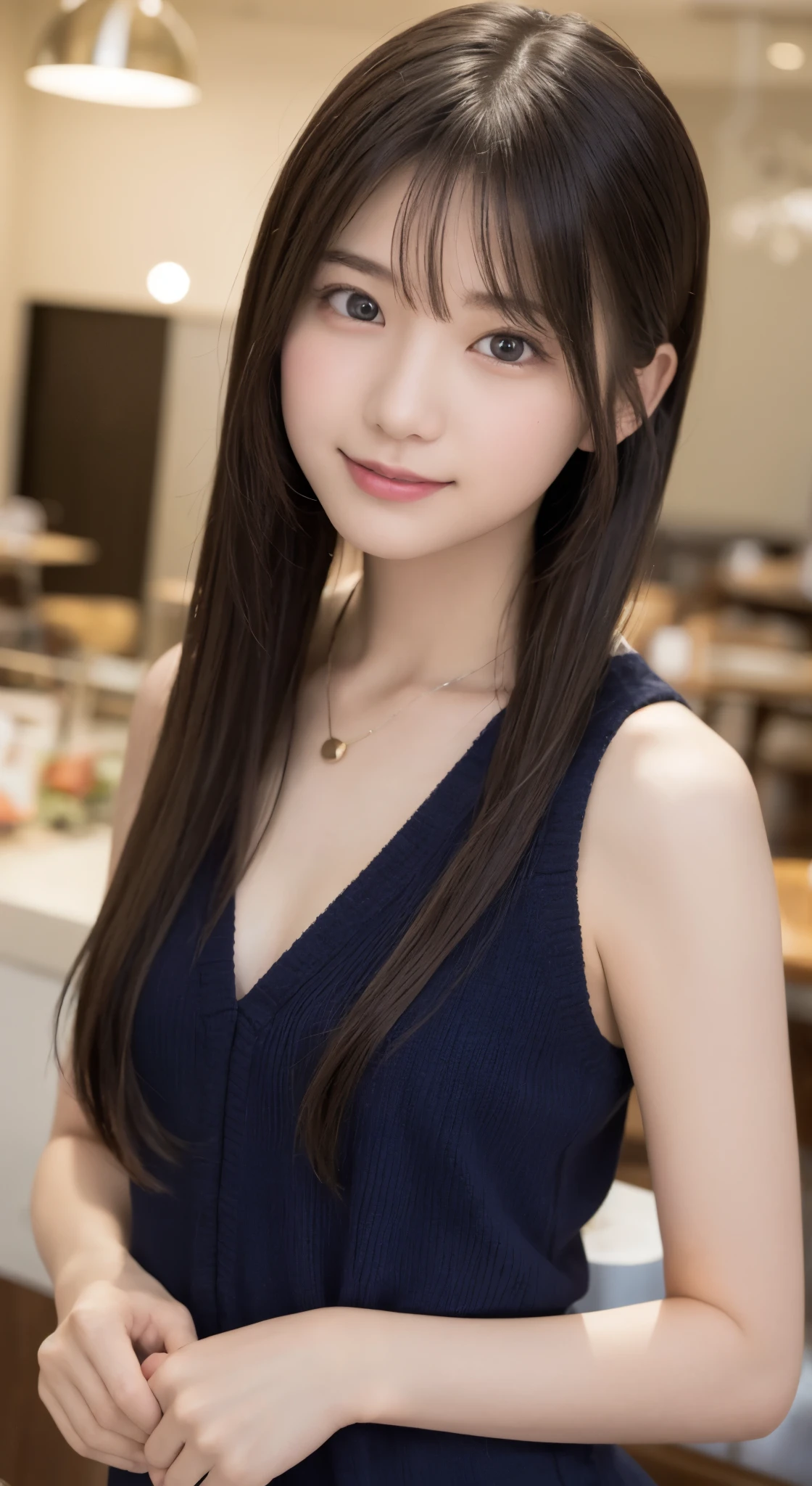 top-quality、​masterpiece)、White background、blurry backround、1girl、a beauty  girl、small tits、Shyness、red blush、超A high resolution、Beautie、cute little、solo、A  Japanese Lady。15yo student、hi-school girl、a smile。Beautiful young woman  model