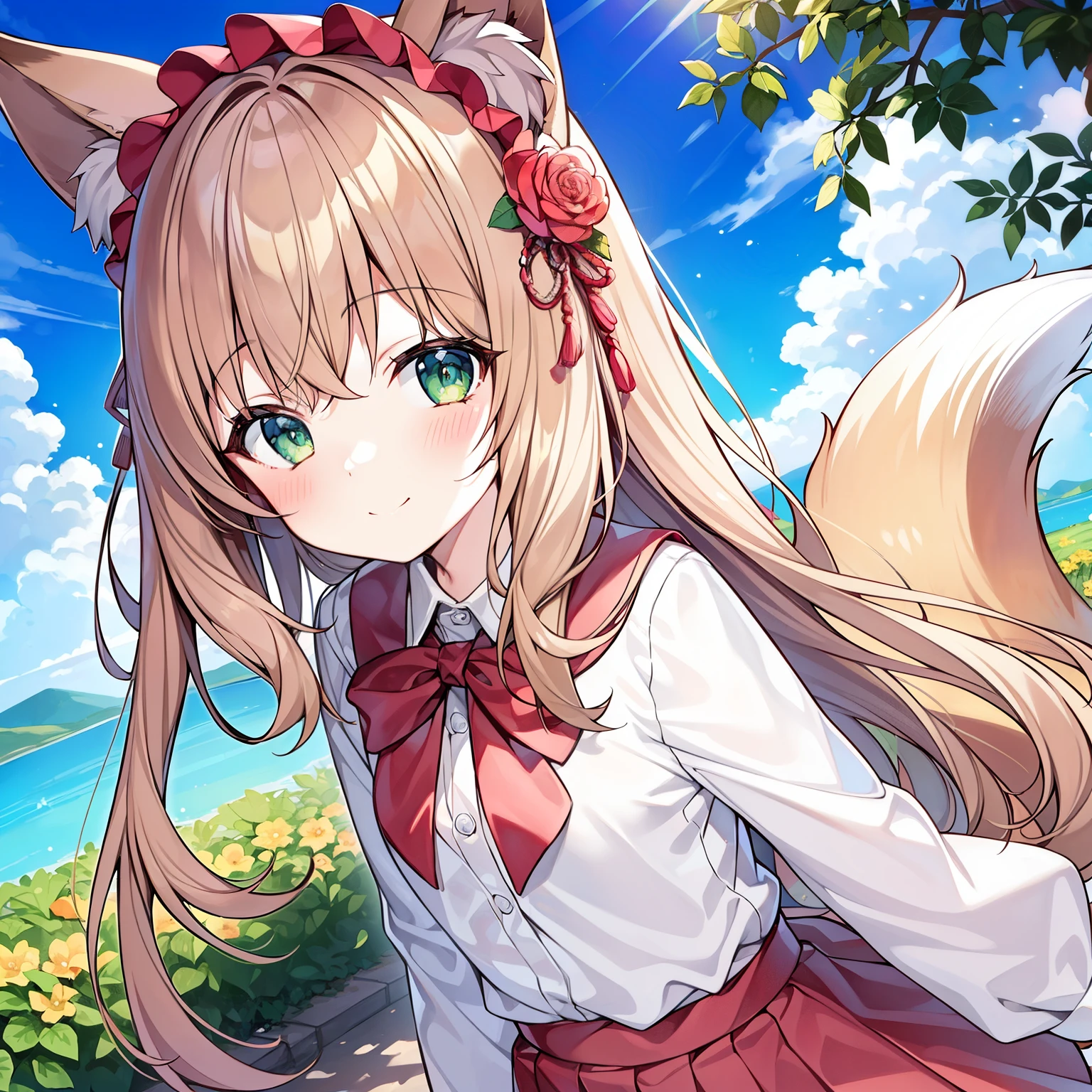 Anime girl with long hair and a cat ears and a red bow - SeaArt AI