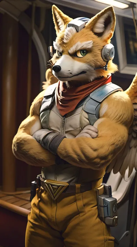 Fox Mccloud alone standing on the ship looking at the viewer with serious expression wearing the default outfit from the latest game beautiful golden angel wings open prepared to fly with arms crossed