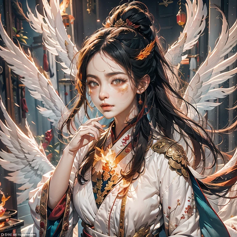 1girll，ice mage dressed in ice white Chinese Hanfu），The robe was embroidered with intricate runes and ornamentudes a burning breath。He was tall and strong，Hands up，Powerful fire spells are being unleashed。her eyes were firm and sharp，A flash of ice flashed in his eyeehind the Flame Mage，（A huge ice phoenix spread its wings and flew：1.2），（The feathers of the phoenix ice with roaring ice），It shines brightly，Its body is surrounded by ice feathers danced，Form a spectacular ice six-pointed star array pattern，Full of mysterious magic，The whole scene is full of fiery aura and passion for fighting，Large areas of flame spells bloomed in the air，A brilliant arc of flame and flying sparks formed，（Flame Mage and Phoenix），It appears majestic and mysterious in the midst of raging fires，Like the embodiment of fire and magic，red hair，high detal，ultra-realistic realism，Verism，（（Bust photo）），（real photograph：1.4），（lightand shade contrast），cinmatic lighting，Realistic special effects，c4d渲染，rendering by octane，Ray traching，in a panoramic view，angle of view，textureskin，super detailing，hyper HD，tmasterpiece，anatomy correct，best qualtiy，A high resolution，8K