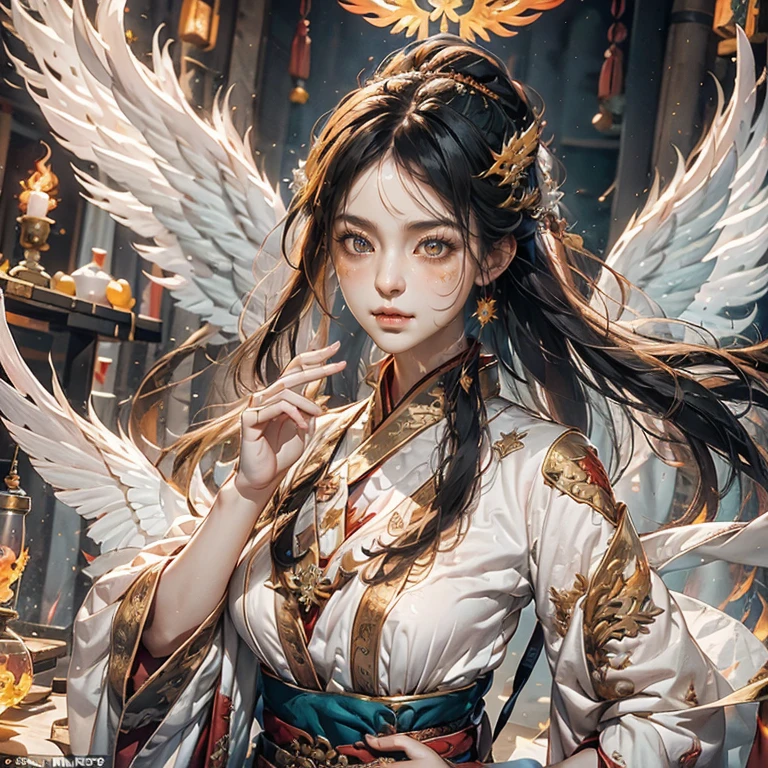 1girll，ice mage dressed in ice white Chinese Hanfu），The robe was embroidered with intricate runes and ornamentudes a burning breath。He was tall and strong，Hands up，Powerful fire spells are being unleashed。her eyes were firm and sharp，A flash of ice flashed in his eyeehind the Flame Mage，（A huge ice phoenix spread its wings and flew：1.2），（The feathers of the phoenix ice with roaring ice），It shines brightly，Its body is surrounded by ice feathers danced，Form a spectacular ice six-pointed star array pattern，Full of mysterious magic，The whole scene is full of fiery aura and passion for fighting，Large areas of flame spells bloomed in the air，A brilliant arc of flame and flying sparks formed，（Flame Mage and Phoenix），It appears majestic and mysterious in the midst of raging fires，Like the embodiment of fire and magic，red hair，high detal，ultra-realistic realism，Verism，（（Bust photo）），（real photograph：1.4），（lightand shade contrast），cinmatic lighting，Realistic special effects，c4d渲染，rendering by octane，Ray traching，in a panoramic view，angle of view，textureskin，super detailing，hyper HD，tmasterpiece，anatomy correct，best qualtiy，A high resolution，8K